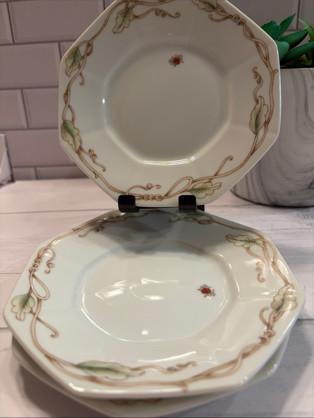 Fitz and Floyd White Porcelain Plates with Green Leaves and Gold Scroll